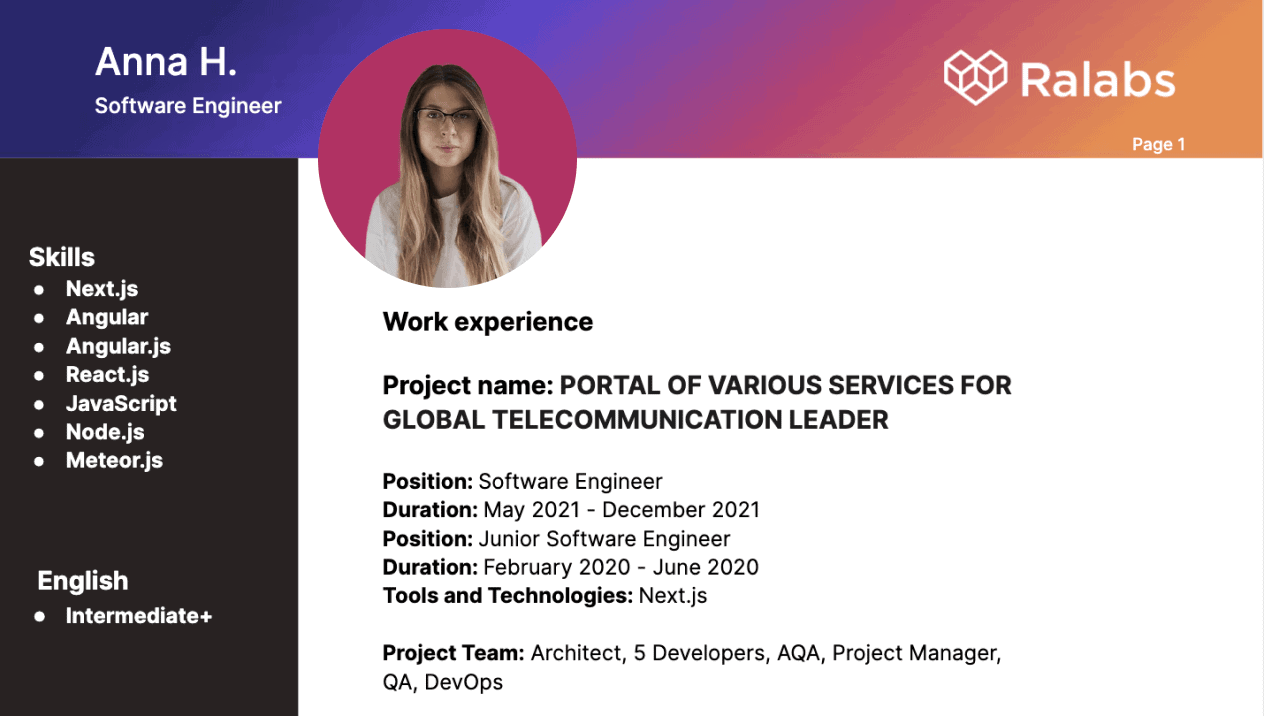 software engineer cv example